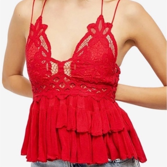 Free People | NWT Cherry Red Adella Lace Embroidered Ruffle Smocked Cami Top S - Picture 2 of 3